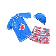 Petityu Up50+ Mavi Beyaz Kırmızı Shark Köpekbalığı Desen Kırmızı Şort 3 Lü T-shirt Şapka Mayo Set Kırmızı - Mavi
