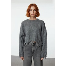 Ersefa Kadın Casual Crop Oversize Bisiklet Yaka Triko Kazak Düşük Kol Ak Antrasit