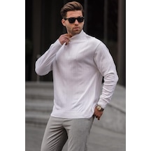 Madmext Ekru Slim Fit Yarım Balıkçı Yaka Çizgili Tüylenmeyen Erkek Triko Kazak 6344 Ekru