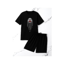 Uyguntarz Unisex Pırlantalı Kadın Portresi Tasarım Basklı Tshirt Şort Takımı Siyah