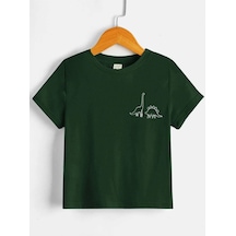 Dinazorlar Pamuklu Çocuk T-shirt- Nefti Yeşil Baskılı Kız Erkek Çocuk Yazlık Bisiklet Yaka Tişört Nefti Yeşil