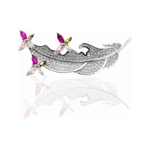 Oya Silver Renkli Taşlı Mini Kelebekli Kuş Tüyü Gümüş Broş 4.2x1.8cm 61112606 Pembe