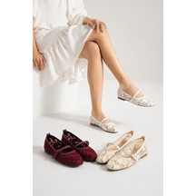 Dabab Shoes Merına Kadın Düz Babet Dantel Dokuma Çiçek Desenli Tokalı Düz Ayakkabı Krem - Beyaz - Bordo Beyaz Kombin