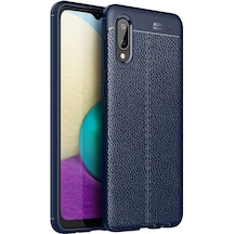 Noktaks - Galaxy A02 Uyumlu Kılıf Deri Dikiş Görünümlü Niss Karbon Silikon Kapak - Lacivert - T16721