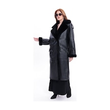 M M Marki Marki Kadın Hakiki Deri Uzun Palto Siyah Oversize Kruvaze Düğmeli İçi Kürklü 115 Cm