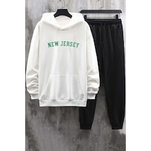 Uyguntarz Unisex Kapuşonlu Beyaz New Jersey Eşofman Takımı Oversize