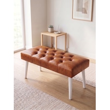 Modern Kapitoneli Taba Deri Kumaş Bench Puf Oturma Bankı Ahşap Beyaz Ayaklı Demonte 90x45