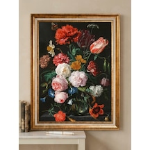 Gold Çerçeveli Varaklı Yağlı Boya Dokulu Şık Salon Tablosu - Hollanda Altın Çağı Sanat Eseri Klasik Vintage Natürmort Dark Floral Dekoratif Duvar Tablosu 50x70 Cm / Çerçeveli 60x80 Cm