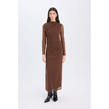 DeFacto Bodycon Vücudu Saran Yarım Balıkçı Yaka Tül Uzun Kollu Maxi Elbise E3548AX24WNBN167 Kahve