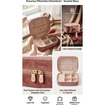 Takı Kutusu Düzenleyici Seyahat Çantası Kolye Yüzük Küpe Organizer Kadife Pembe 12cmx8cm Pudra