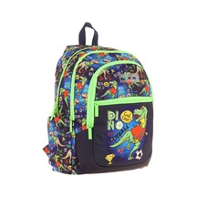 Kauıkko Kids Siyah Yeşil Dinazor Baskılı Erkek Çocuk Okul Çantası - L5266 - Dört Gözlü Siyah - Yeşil
