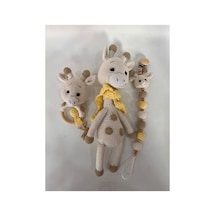 El Yapımı Amigurumi Zürafa Bebek Seti Örgü Oyuncak + Emzik Klipsi + Diş Kaşıyıcı Sarı