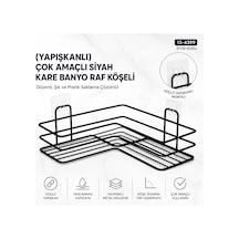 Yapışkanlı Çok Amaçlı Siyah Kare Banyo Raf Köşeli 5468 Çok Renkli