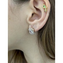 Zirkon Taşlı, Baget Model, Paslanmaz Çelik Küpe 47, Kasa Altın Renk Altın