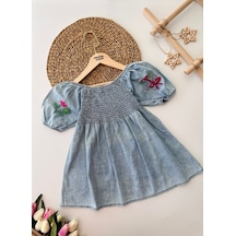 Miniğimin Cicileri Eskitme Kumaş Nakış Desenli Gipeli Kız Çocuk Tensel Elbise - Açık Mavi