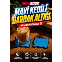Kemboss Mavi Kedili Bardak Altlığı 2'li Set - Pvc Kaydırmaz Bardak Altlığı Kahve Kupa Çay Bardağı Altlığı Masa Koruyucu Açık Mavi