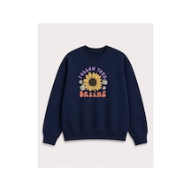 Herkesemoda Ayçiçek Baskılı 2 İplik Şardonlu Bisiklet Yaka Sweatshirt Lacivert
