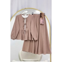 Lovie Moda Önü Bağlamalı Kol Lastikli Etekli Takım Bej