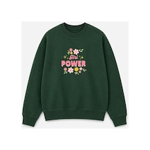Herkesemoda Power Girl Çiçek Baskı Detaylı Şardonlu 2 İplik Bisiklet Yaka Sweatshirt Yeşil