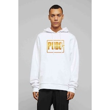 Pubg Logo Baskılı Beyaz Erkek Örme Kapşonlu Sweatshirt