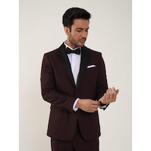 Dufy Bordo Erkek Slim Fit Düz Sivri Yaka Smokin Takım - 84171-Bordo