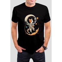 Astronot Kedi Baskılı Siyah Unisex Tişört 001
