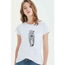 Leopar Jaguar Hayvan Baskılı Beyaz Kadın Tshirt