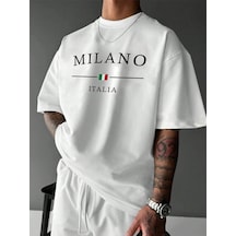 Mılano Italıa Baskılı Süprem Beyaz T-shirt - Oversize Bisiklet Yaka Tişört Beyaz