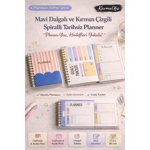 Mavi Dalgalı Kırmızı Çizgili Spiralli Tarihsiz Planner Haftalık&aylık Planlayıcı 17,5 X 18 Cm Diğer