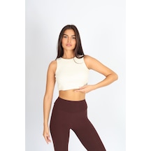 Soft&Basic Kadın Bej Basic Halter Yaka Esnek Biyeli Kaşkorse Kumaş Crop Top Body Atlet Bej
