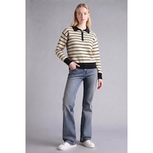Soft&basic Çizgili Polo Yaka Triko Kadın Kazak Fermuarlı Siyah