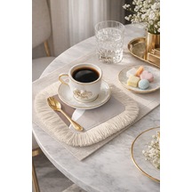 Soft Elegance Saçaklı Sunum Peçetesi - Akışkan Dalga Bohem Bej Krem Desenli Kahve Sunum Mendili Göl Açık Bej