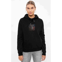 Optimus Prime Baskılı Siyah Kadın Kapşonlu Sweashirt