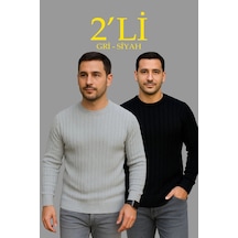 Assema Erkek Fitilli Triko Kazak 2 Li Set Siyah Gri Kalın Dokuma Pamuklu Regular Fit Bisiklet Çok Renkli
