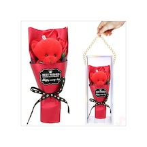 Pvc Kutulu,pelüş Ayıcıklı Yapay Güllü Mini Çiçek Buketi 26cmx8,5cm Renkli