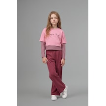 Defacto Baskılı Katmanlı Görünümlü Sweatshirt Üst Geniş Paça Alt 2li Takım Kız Çocuk I7951a826aupn181 Pembe-pn181