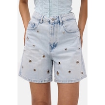 Itsbasic Kadın Kot Rengi 4s6-3 Relax Mom Kuş Gözü Detaylı Tasarım Denim Şort