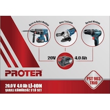 Proter PST 903 Trio Şarjlı Delici Kırıcı Matkap + Avuç Taşlama + Darbeli Matkap 3'lü Set Proter PST 903 Trio Şarjlı Delici Kırıcı Matkap + Avuç Taşlama + Darbeli Matkap 3'lü Set
