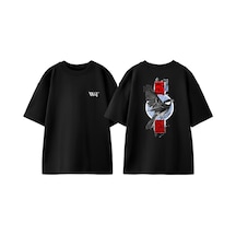Thewert Güvercin Red Tasarım Sırt Baskılı Pamuk Siyah Oversize T-shirt