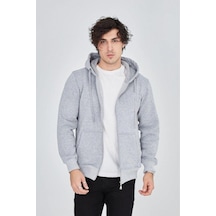 Erkek 3 İplik Pamuklu Fermuarlı Kapüşonlu Kanguru Cepli Hoodie Hırka Sweatshirt - Gri