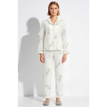 Benerly Kadın Gömlek Yaka Standart Kol Regular Kalıp Örme Pijama Takımı F Beyaz
