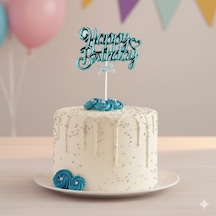 Happy Birthday Krom Pasta Süsü Kürdan Mavi Doğum Günü Pasta Dekoru +3