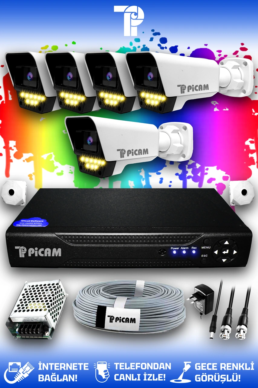 Picam 5 Kameralı Süper 5 Dış Kamera Set HDD'siz 5 MP 2K Net Renkli Gece Görüşlü Güvenlik Kamerası Sistemi