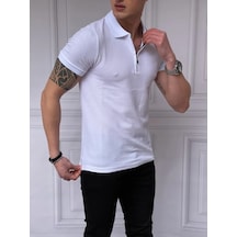 Modefendi Slim Fit Örme Kumaş Fermuar Detaylı Polo Yaka Tshırt Beyaz