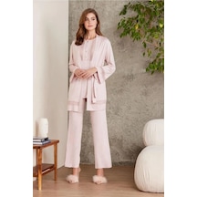Pierre Cardin 2800 Kadın Pudra Dantelli Penye 3'lü Sabahlıklı Pijama Takım Çok renkli