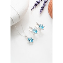 Nereze 925 Ayar Gümüş Aquamarin Oval Taşlı Küpe Ve Kolye Set