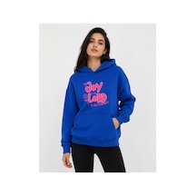 Herkesemoda Joy Lord Baskılı Kapüşonlu 2 İplik Şardonlu Sweatshirt Mavi