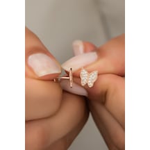 925 Ayar Gümüş Minik Rose Zirkon Taşlı Kelebek Küpe Pembe Altın