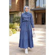 Hb Harma Time Butik Kadın Fırfır Detaylı Bağcıklı Koyu Kot Mavi Denim Elbise Koyu Mavi