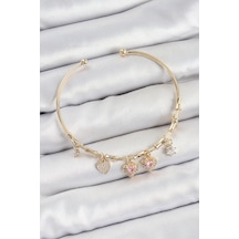 Pirinç Zirkon Taşlı Pembe Kalp Model Gold Renk Charm Bileklik - Lisinya Çok Renkli